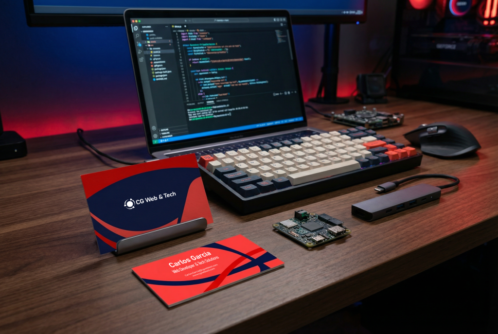 Professional workspace showcasing CG Web & Tech branding, web development tools, and business cards on a modern desk setup.