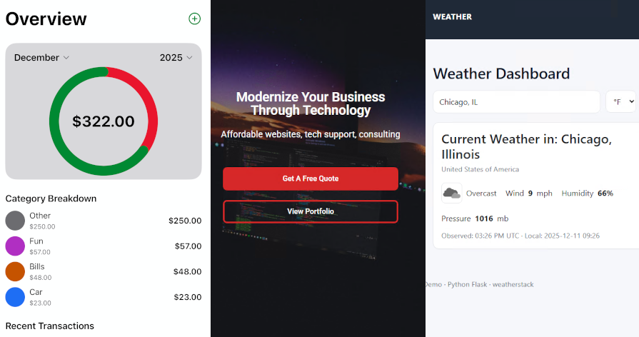 Collage of CGWebTech projects including a budget app dashboard, a website hero section, and a Python Flask weather app