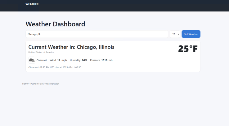 Python Flask Weather Dashboard showing current weather data for Chicago, developed by CGWebTech.