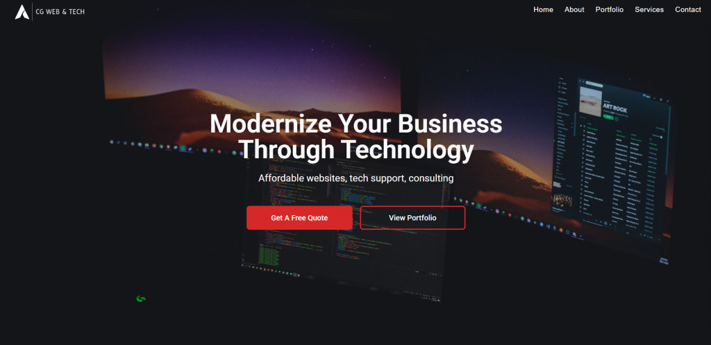 CGWebTech WordPress website hero banner featuring a coding workstation background.